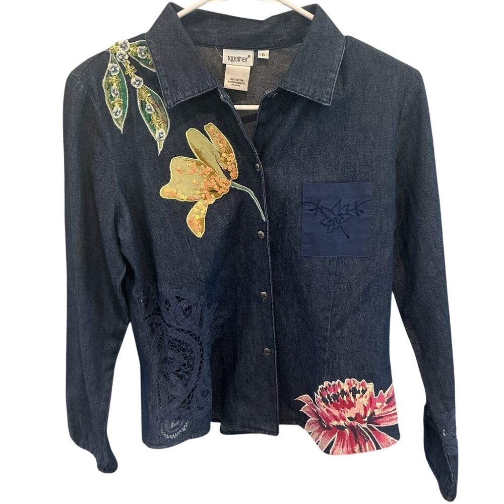 Vintage Together Womens Jean Shirt Beaded Lace Fairy Floral Spring Indie S Denim